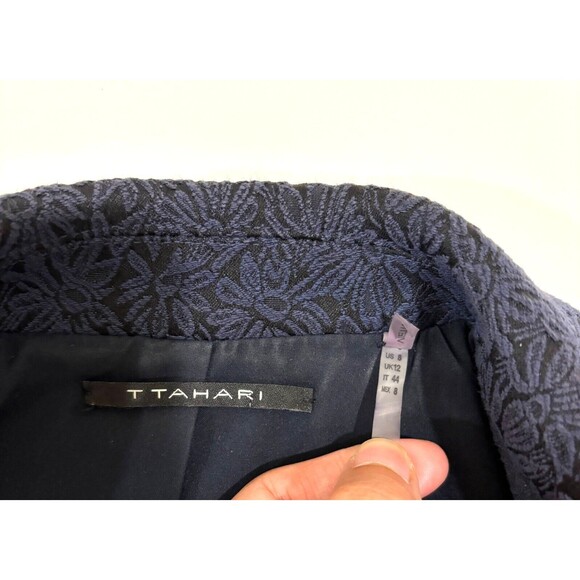 T Tahari Navy Blazer Womens 8 Tapestry Dark Floral Gothic Career Jacket 1 Button - Picture 8 of 12